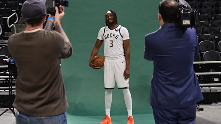 Sep 29, 2025; Milwaukee, WI, USA; Milwaukee Bucks center Myles Turner (3) poses for a picture during Milwaukee Bucks Media Day at the Fiserv Forum.  Mandatory Credit: Benny Sieu-Imagn Images
