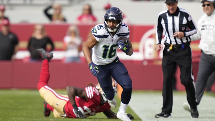 November 17, 2024; Santa Clara, California, USA; Seattle Seahawks wide receiver Tyler Lockett (16) runs the football against San Francisco 49ers cornerback Isaac Yiadom (22) during the first quarter at Levi's Stadium. Mandatory Credit: Kyle Terada-Imagn Images November 17, 2024; Santa Clara, California, USA; Seattle Seahawks wide receiver Tyler Lockett (16) runs the football against San Francisco 49ers cornerback Isaac Yiadom (22) during the first quarter at Levi's Stadium. Mandatory Credit: Kyle Terada-Imagn Images