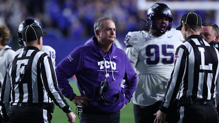 Nov 15, 2025; Provo, Utah, USA; Texas Christian University Horned Frogs head coach Sonny Dykes reacts to a call for the BYU Cougars during the second half at LaVell Edwards Stadium. Mandatory Credit: Rob Gray-Imagn Images
