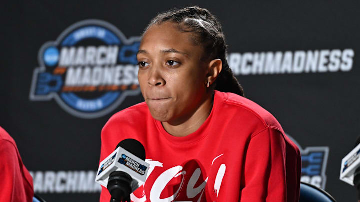 Mar 27, 2025; Spokane, WA, USA; Ole Miss Rebels guard Madison Scott talks with media during an NCAA Tournament practice session at Spokane Arena. Mandatory Credit: James Snook-Imagn Images