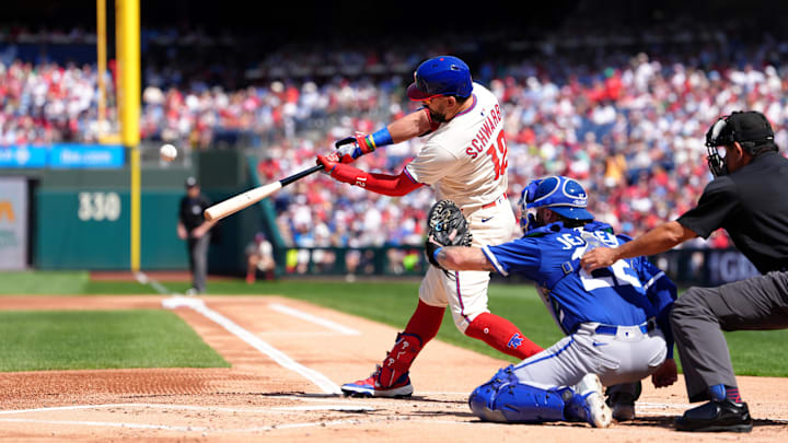 Sep 14, 2025; Philadelphia, Pennsylvania, USA; Philadelphia Phillies designated hitter Kyle Schwarber (12) hits a home run against the Kansas City Royals in the first inning at Citizens Bank Park. Mandatory Credit: Kyle Ross-Imagn Images Sep 14, 2025; Philadelphia, Pennsylvania, USA; Philadelphia Phillies designated hitter Kyle Schwarber (12) hits a home run against the Kansas City Royals in the first inning at Citizens Bank Park. Mandatory Credit: Kyle Ross-Imagn Images