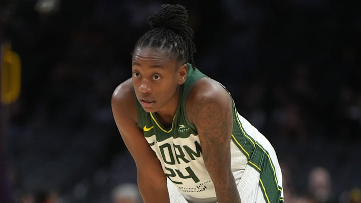 Sep 11, 2024; Los Angeles, California, USA; Seattle Storm guard Jewell Loyd (24) reacts against the LA Sparks in the second half at Crypto.com Arena. Mandatory Credit: Kirby Lee-Imagn Images Sep 11, 2024; Los Angeles, California, USA; Seattle Storm guard Jewell Loyd (24) reacts against the LA Sparks in the second half at Crypto.com Arena. Mandatory Credit: Kirby Lee-Imagn Images
