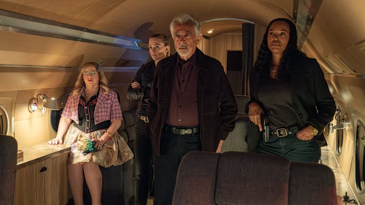 L-R: Kirsten Vangsness as Penelope Garcia, A.J. Cook as Jennifer ‘JJ’ Jareau, Joe Mantegna as David Rossi and Aisha Tyler as Dr. Tara Lewis in Criminal Minds: Evolution, episode 5, season 17 streaming on Paramount+, 2024. Photo Credit: Michael Yarish /Paramount+