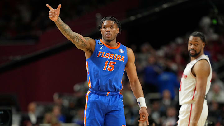 Apr 7, 2025; San Antonio, TX, USA; Florida Gators guard Alijah Martin (15) reacts after a play against the Houston Cougars during the second half of the national championship game of the Final Four of the 2025 NCAA Tournament at the Alamodome. Apr 7, 2025; San Antonio, TX, USA; Florida Gators guard Alijah Martin (15) reacts after a play against the Houston Cougars during the second half of the national championship game of the Final Four of the 2025 NCAA Tournament at the Alamodome.