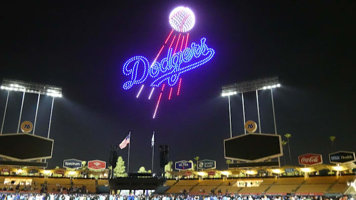 Mar 28, 2025; Los Angeles, California, USA; A Los Angeles Dodgers logo is projected during a drone show at Dodger Stadium. Mandatory Credit: Kirby Lee-Imagn Images Mar 28, 2025; Los Angeles, California, USA; A Los Angeles Dodgers logo is projected during a drone show at Dodger Stadium. Mandatory Credit: Kirby Lee-Imagn Images