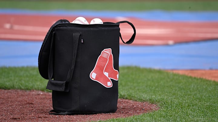 May 12, 2024; Boston, Massachusetts, USA;  A bag of baseballs sits on the diamond before a game against between the Boston Red Sox and the Washington Nationals at Fenway Park. Mandatory Credit: Eric Canha-Imagn Images
