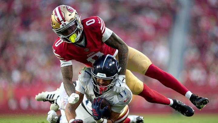 Dec 14, 2025; Santa Clara, California, USA; San Francisco 49ers cornerback Renardo Green (0) tackles Tennessee Titans wide receiver Chimere Dike (17) during the fourth quarter at Levi's Stadium. Mandatory Credit: Cary Edmondson-Imagn Images Dec 14, 2025; Santa Clara, California, USA; San Francisco 49ers cornerback Renardo Green (0) tackles Tennessee Titans wide receiver Chimere Dike (17) during the fourth quarter at Levi's Stadium. Mandatory Credit: Cary Edmondson-Imagn Images