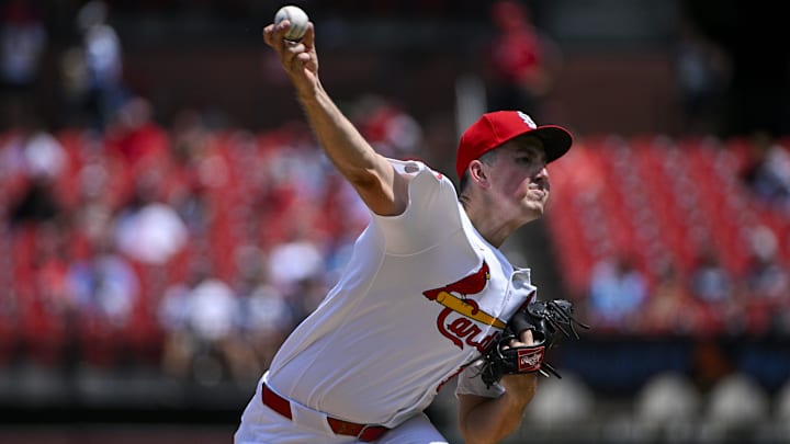 Jul 31, 2024; St. Louis, Missouri, USA; St. Louis Cardinals starting pitcher Michael McGreevy (36) pitches against the Texas Rangers during the third inning at Busch Stadium. Mandatory Credit: Jeff Curry-Imagn Images Jul 31, 2024; St. Louis, Missouri, USA; St. Louis Cardinals starting pitcher Michael McGreevy (36) pitches against the Texas Rangers during the third inning at Busch Stadium. Mandatory Credit: Jeff Curry-Imagn Images