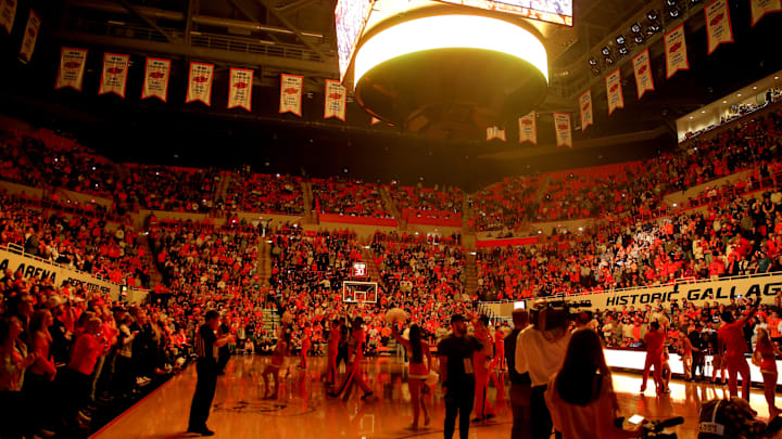 Oklahoma State fans cheer before a men's college basketball game between the Oklahoma State University Cowboys and the Kansas Jayhawks at Gallagher-Iba Arena in Stillwater, Okla., Tuesday, Feb. 14, 2023.

Osu Vs Kansas Basketball