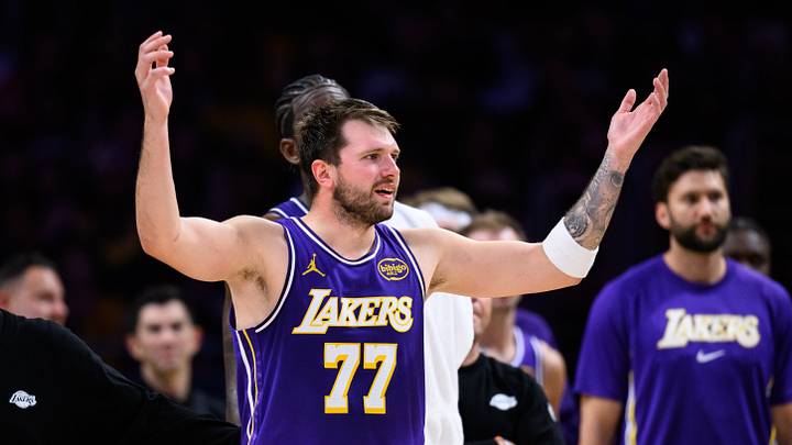 Mar 27, 2026; Los Angeles, California, USA; Los Angeles Lakers guard Luka Doncic (77) reacts during the second half against the Brooklyn Nets at Crypto.com Arena. Mandatory Credit: William Liang-Imagn Images Mar 27, 2026; Los Angeles, California, USA; Los Angeles Lakers guard Luka Doncic (77) reacts during the second half against the Brooklyn Nets at Crypto.com Arena. Mandatory Credit: William Liang-Imagn Images