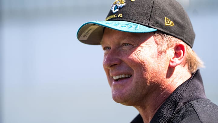 Former NFL coach Jon Gruden has a laugh while attending NFL training camp at the Miller Electric Center, Tuesday, Aug. 5, 2025, in Jacksonville, Fla. Former NFL coach Jon Gruden has a laugh while attending NFL training camp at the Miller Electric Center, Tuesday, Aug. 5, 2025, in Jacksonville, Fla.