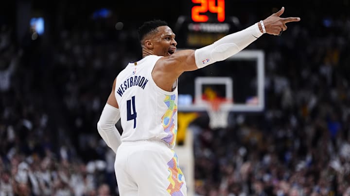 Apr 29, 2025; Denver, Colorado, USA; Denver Nuggets guard Russell Westbrook (4) reacts in the fourth quarter against the LA Clippers during game five of the first round for the 2025 NBA Playoffs at Ball Arena. Mandatory Credit: Ron Chenoy-Imagn Images