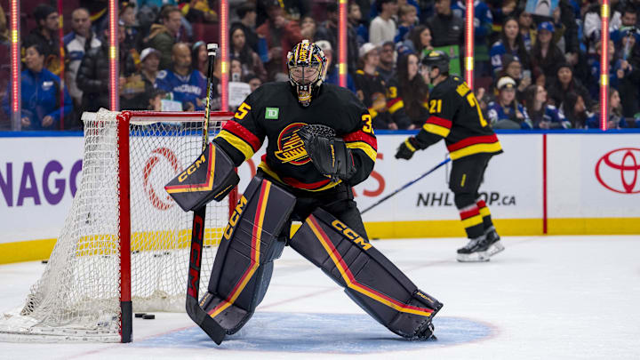 Dec 6, 2024; Vancouver, British Columbia, CAN; Vancouver Canucks goalie Thatcher Demko (35) skates during warm up prior to a game against the Columbus Blue Jackets at Rogers Arena. Mandatory Credit: Bob Frid-Imagn Images