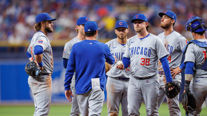 Jun 13, 2024; St. Petersburg, Florida, USA;  Chicago Cubs pitcher Mark Leiter Jr. (38) leaves the game against the Tampa Bay Rays in the seventh inning at Tropicana Field.