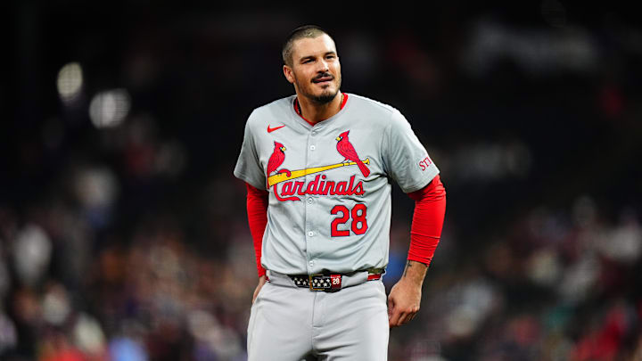 Sep 25, 2024; Denver, Colorado, USA; St. Louis Cardinals third base Nolan Arenado (28) reacts in the fourth inning against the Colorado Rockies at Coors Field. Mandatory Credit: Ron Chenoy-Imagn Images