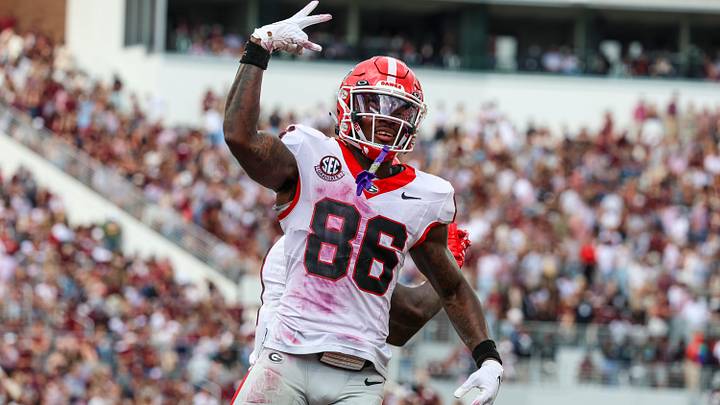 Nov 8, 2025; Starkville, Mississippi, USA; Georgia Bulldogs wide receiver Dillon Bell (86) reacts after a touchdown against the Mississippi State Bulldogs during the first half at Davis Wade Stadium at Scott Field. Nov 8, 2025; Starkville, Mississippi, USA; Georgia Bulldogs wide receiver Dillon Bell (86) reacts after a touchdown against the Mississippi State Bulldogs during the first half at Davis Wade Stadium at Scott Field.
