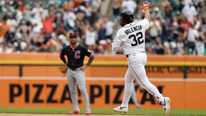 Aug 13, 2026; Detroit, Michigan, USA;  Detroit Tigers designated hitter Eduardo Valencia (32) celebrates after he hits a home run in the sixth inning against the Cleveland Guardians at Comerica Park. Mandatory Credit: Rick Osentoski-Imagn Images