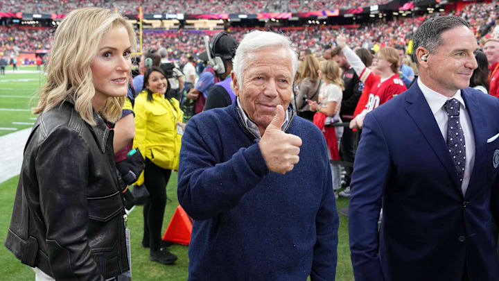Feb 11, 2024; Paradise, Nevada, USA; New England Patriots owner Robert Kraft gives a thumbs up