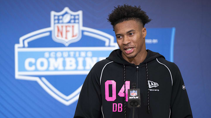 Feb 26, 2026; Indianapolis, IN, USA; South Carolina defensive back Brandon Cisse (DB04) speaks to members of the media during the NFL Combine at the Indiana Convention Center. Mandatory Credit: Jacob Musselman-Imagn Images