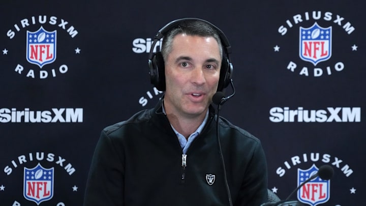 Las Vegas Raiders general manager Tom Telesco on the SiriusXM radio set at the NFL Scouting Combine at Indiana Convention Center. 