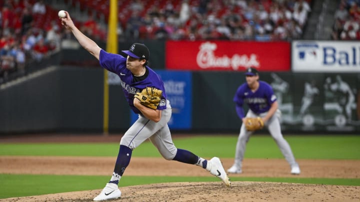 Jun 6, 2024; St. Louis, Missouri, USA; Colorado Rockies starting pitcher Cal Quantrill (47) pitches against the St. Louis Cardinals during the fifth inning at Busch Stadium. Mandatory Credit: Jeff Curry-USA TODAY Sports Jun 6, 2024; St. Louis, Missouri, USA; Colorado Rockies starting pitcher Cal Quantrill (47) pitches against the St. Louis Cardinals during the fifth inning at Busch Stadium. Mandatory Credit: Jeff Curry-USA TODAY Sports