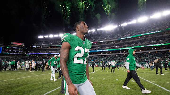 Nov 3, 2024; Philadelphia, Pennsylvania, USA; Philadelphia Eagles cornerback Quinyon Mitchell (27) walks off the field after a victory against the Jacksonville Jaguars at Lincoln Financial Field. Mandatory Credit: Bill Streicher-Imagn Images