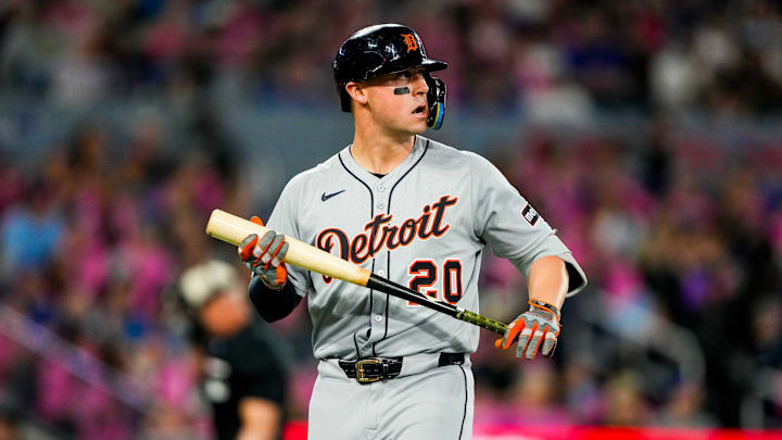 May 17, 2025; Toronto, Ontario, CAN; Detroit Tigers first base Spencer Torkelson (20) looks on against the Toronto Blue Jays at Rogers Centre. Mandatory Credit: Kevin Sousa-Imagn Images