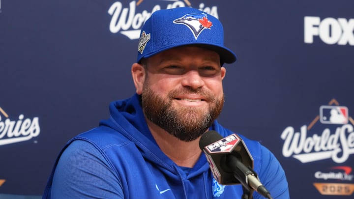 Oct 29, 2025; Los Angeles, California, USA;Toronto Blue Jays manager John Schneider at press conference during game five of the 2025 MLB World Series at Dodger Stadium