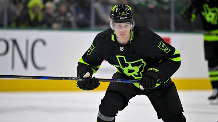 Dallas Stars defenseman Nils Lundkvist in action during the game between the Dallas Stars and the Washington Capitals.