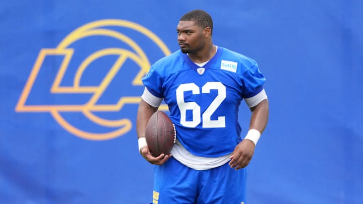 Jun 3, 2025; Woodland Hills, CA, USA; Los Angeles Rams lineman Willie Lampkin (62) during organized team activities at Rams Practice Facility. Mandatory Credit: Kirby Lee-Imagn Images