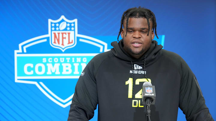 Feb 26, 2025; Indianapolis, IN, USA; Michigan defensive lineman Kenneth Grant (DL12) during the 2025 NFL Scouting Combine at the Indiana Convention Center. Mandatory Credit: Kirby Lee-Imagn Images
