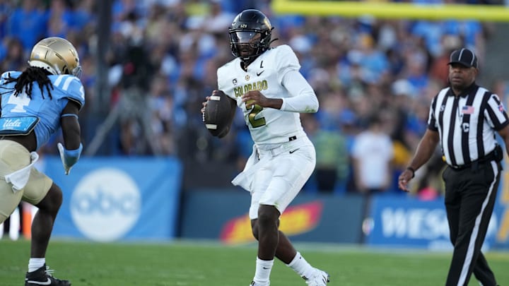 Oct 28, 2023; Pasadena, California, USA; Colorado Buffaloes quarterback Shedeur Sanders (2) throws the ball against the UCLA Bruins in the first half at Rose Bowl. Mandatory Credit: Kirby Lee-Imagn Images