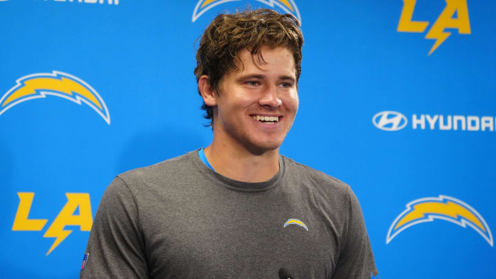 Jun 13, 2024; Costa Mesa, CA, USA; Los Angeles Chargers quarterback Justin Herbert (10) at a press conference during minicamp at the Hoag Performance Center. Mandatory Credit: Kirby Lee-USA TODAY Sports