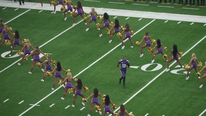 Oct 6, 2024; London, United Kingdom; Minnesota Vikings wide receiver Justin Jefferson (18) enters the field before the game against the New York Jets at Tottenham Hotspur Stadium. Mandatory Credit: Kirby Lee-Imagn Images