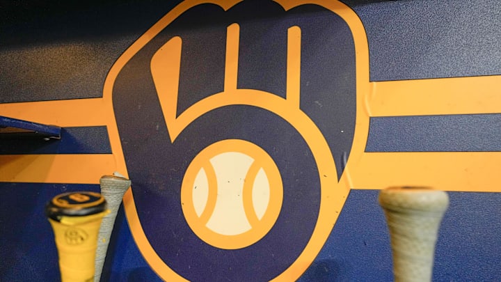 Apr 18, 2025; Milwaukee, Wisconsin, USA;  General view of the Milwaukee Brewers logo in the dugout during batting practice prior to the game against the Athletics at American Family Field. Mandatory Credit: Jeff Hanisch-Imagn Images