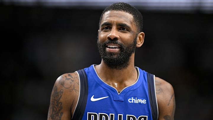 Jan 17, 2025; Dallas, Texas, USA; Dallas Mavericks guard Kyrie Irving (11) talks with the referees during the second quarter against the Oklahoma City Thunder at the American Airlines Center. Mandatory Credit: Jerome Miron-Imagn Images
