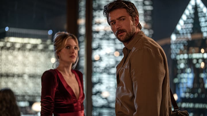 (from left) Violet (Meghann Fahy) and Henry (Brandon Sklenar) in Drop, directed by Christopher Landon.