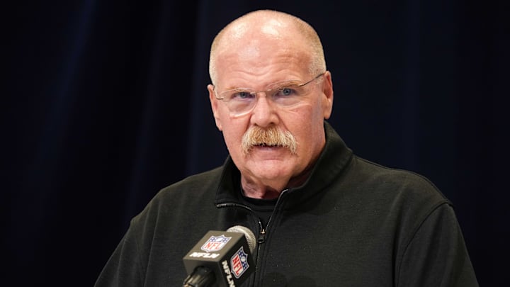 Feb 25, 2025; Indianapolis, IN, USA; Kansas City Chiefs coach Andy Reid speaks during the NFL Scouting Combine at the Indiana Convention Center.