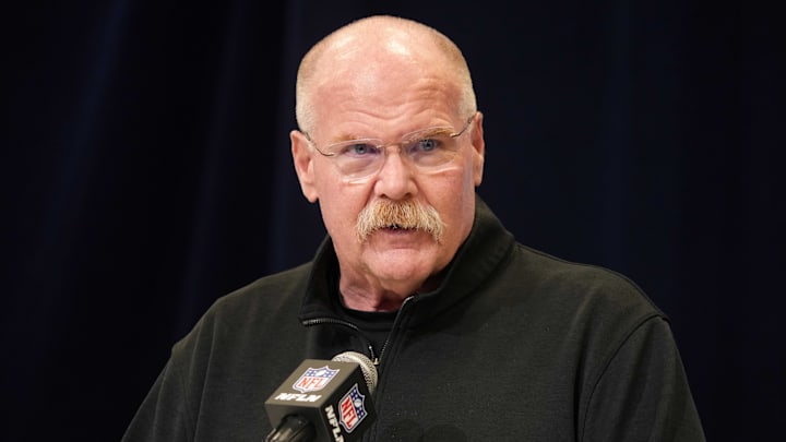 Feb 25, 2025; Indianapolis, IN, USA; Kansas City Chiefs oach Andy Reid speaks during the NFL Scouting Combine at the Indiana Convention Center. Mandatory Credit: Kirby Lee-Imagn Images
