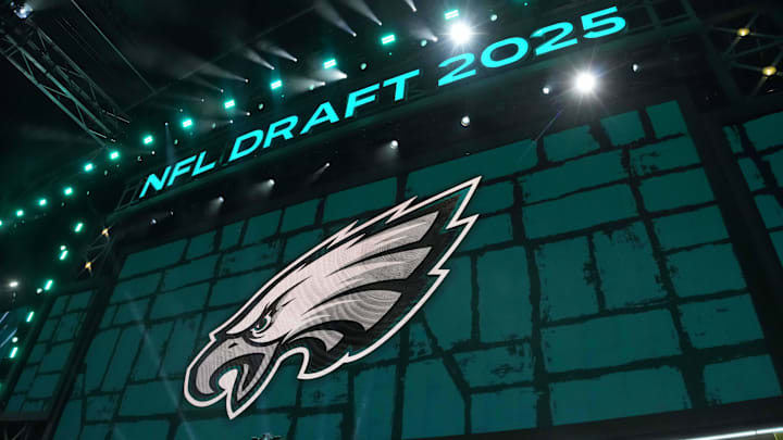 Apr 24, 2025; Green Bay, WI, USA; The Philadelphia Eagles logo is projected on the video board during the NFL Draft at Lambeau Field. Mandatory Credit: Kirby Lee-Imagn Images