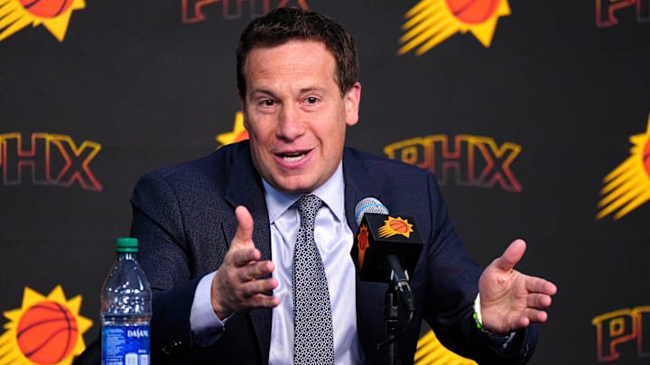 Suns owner Mat Ishbia speaks with the press during a news conference at Footprint Center in Phoenix on May 1, 2024.