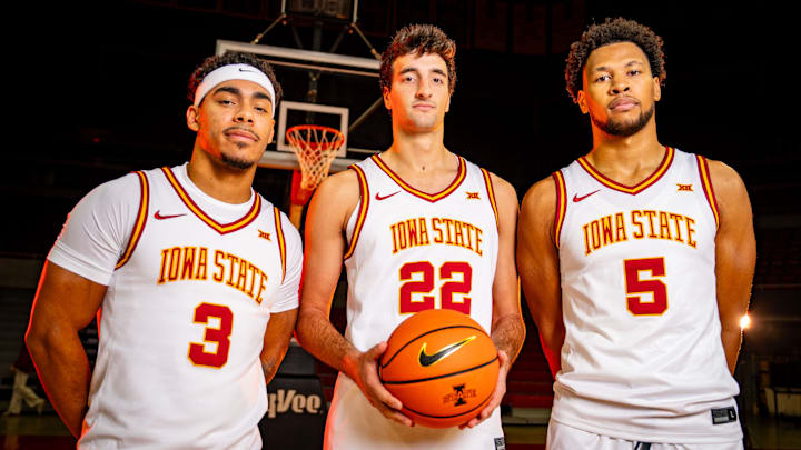 Iowa State Men's Basketball players Tamin Lipsey, Milan Momcilovic, and Joshua Jefferson stand for a photo during media day at Hilton Coliseum in Ames, Oct. 8, 2025.