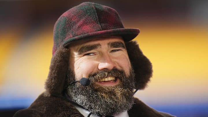 Jan 18, 2025; Kansas City, Missouri, USA; Philadelphia Eagles former player and ESPN commentator Jason Kelce reacts before in a 2025 AFC divisional round game between the Kansas City Chiefs and the Houston Texans at GEHA Field at Arrowhead Stadium.