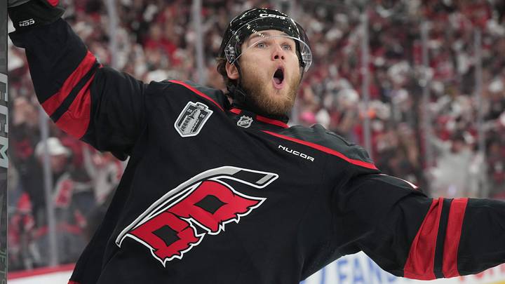 Jun 4, 2026; Raleigh, North Carolina, USA; Carolina Hurricanes left wing Mark Jankowski (77) celebrates scoring during the third period against the Vegas Golden Knights in game two of the 2026 Stanley Cup Final at Lenovo Center. Mandatory Credit: James Guillory-Imagn Images Jun 4, 2026; Raleigh, North Carolina, USA; Carolina Hurricanes left wing Mark Jankowski (77) celebrates scoring during the third period against the Vegas Golden Knights in game two of the 2026 Stanley Cup Final at Lenovo Center. Mandatory Credit: James Guillory-Imagn Images