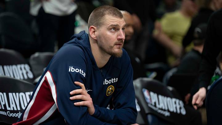 Apr 30, 2026; Minneapolis, Minnesota, USA; Denver Nuggets center Nikola Jokic (15) seats on the bench before the second half begins against the Minnesota Timberwolves during game six of the first round of the 2026 NBA Playoffs at Target Center. Mandatory Credit: Jesse Johnson-Imagn Images Apr 30, 2026; Minneapolis, Minnesota, USA; Denver Nuggets center Nikola Jokic (15) seats on the bench before the second half begins against the Minnesota Timberwolves during game six of the first round of the 2026 NBA Playoffs at Target Center. Mandatory Credit: Jesse Johnson-Imagn Images
