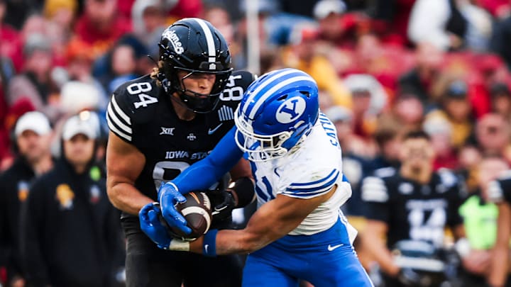 BYU safety Faletau Satuala intercepts Rocco Becht against Iowa State