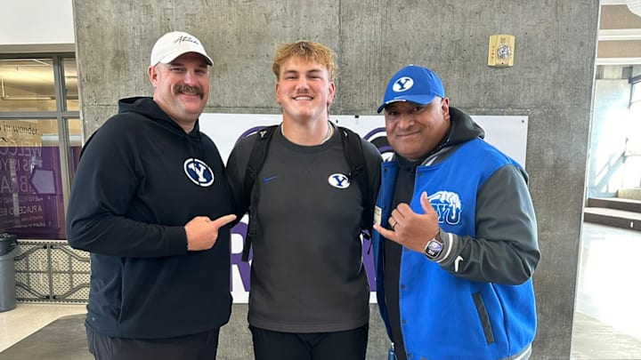 BYU offensive line target Jax Tanner with Kalani Sitake and TJ Woods