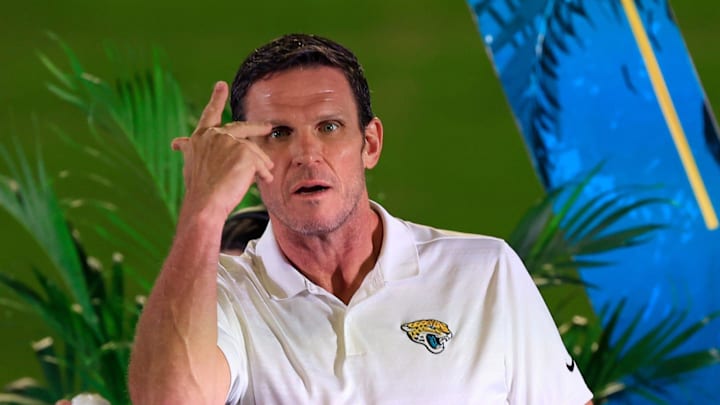 Jacksonville Jaguars Hall of Famer Tony Boselli tosses a t-shirt into the stands Thursday, Jan. 30, 2025 at EverBank Stadium in Jacksonville, Fla. Jaguars fans got a chance to see the new head coach speak and give a warm welcome at the stadium.