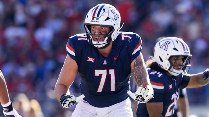 Nov 8, 2025; Tucson, Arizona, USA; Arizona Wildcats offensive lineman Tristan Bounds (71) against the Kansas Jayhawks at Arizona Stadium. Mandatory Credit: Mark J. Rebilas-Imagn Images
