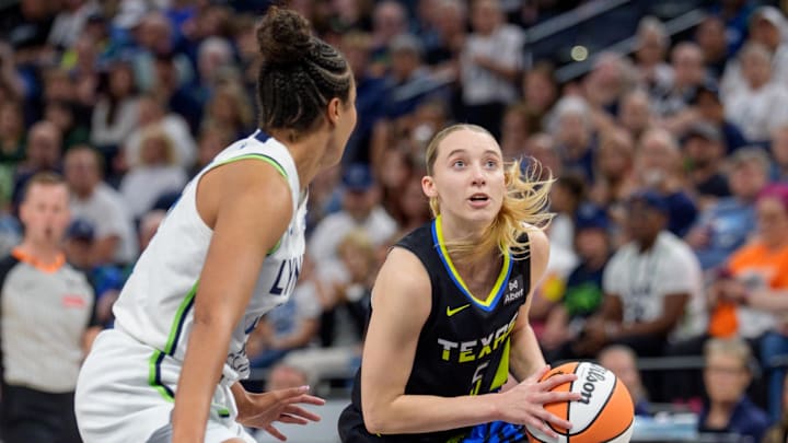 Sep 1, 2025; Minneapolis, Minnesota, USA; Dallas Wings guard Paige Bueckers (5) looks to shoot as Minnesota Lynx forward Napheesa Collier (24) defends in the third quarter at Target Center. Mandatory Credit: Matt Blewett-Imagn Images Sep 1, 2025; Minneapolis, Minnesota, USA; Dallas Wings guard Paige Bueckers (5) looks to shoot as Minnesota Lynx forward Napheesa Collier (24) defends in the third quarter at Target Center. Mandatory Credit: Matt Blewett-Imagn Images